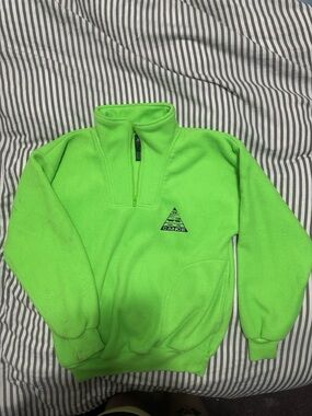 Vintage Beaver Canoe Neon Green Quarter Zip Fleece Pullover Outdoor Y2K